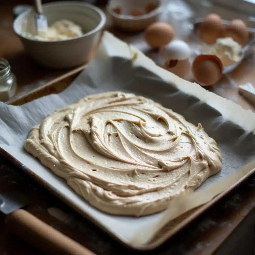 Spreading cottage cheese flatbread batter on tray