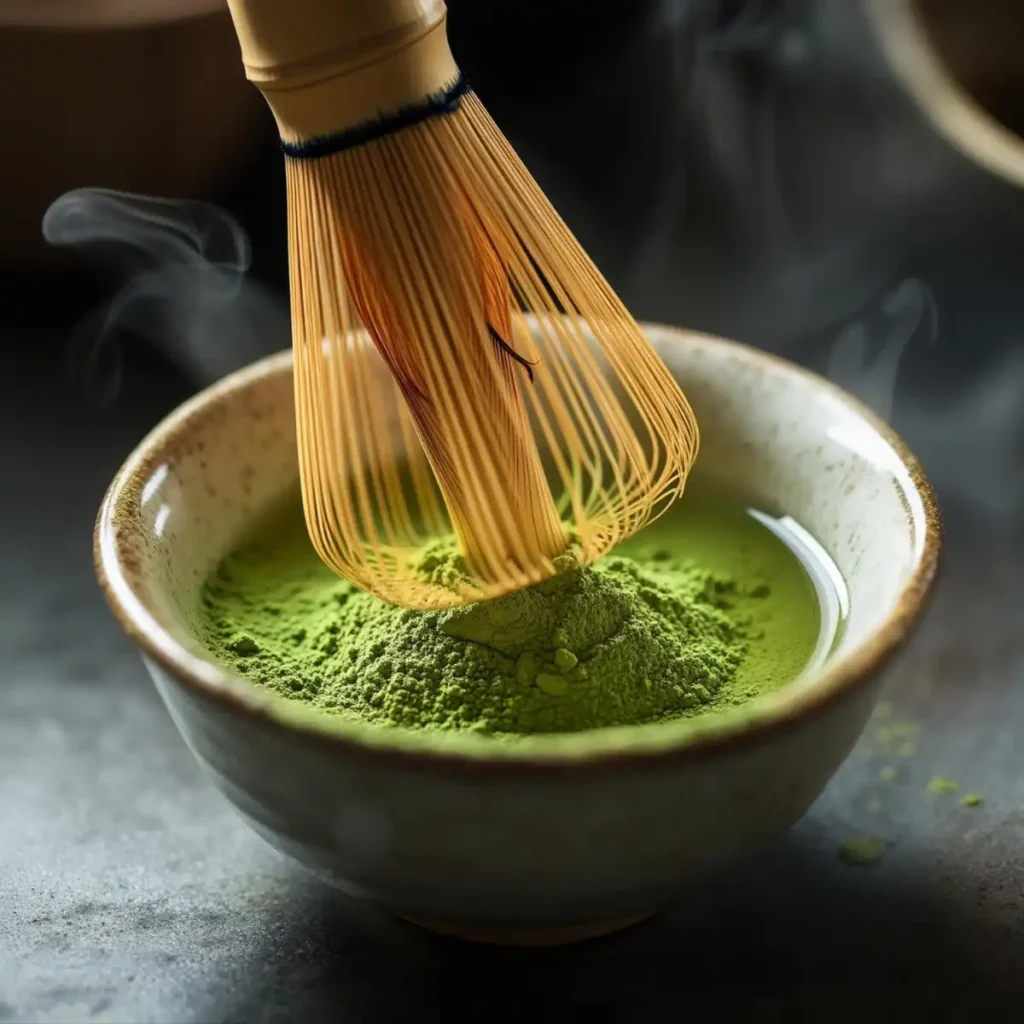 Pouring lavender milk into iced matcha