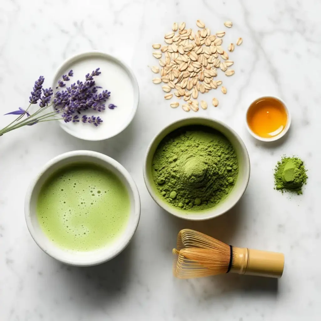 Lavender matcha latte ingredients flat lay