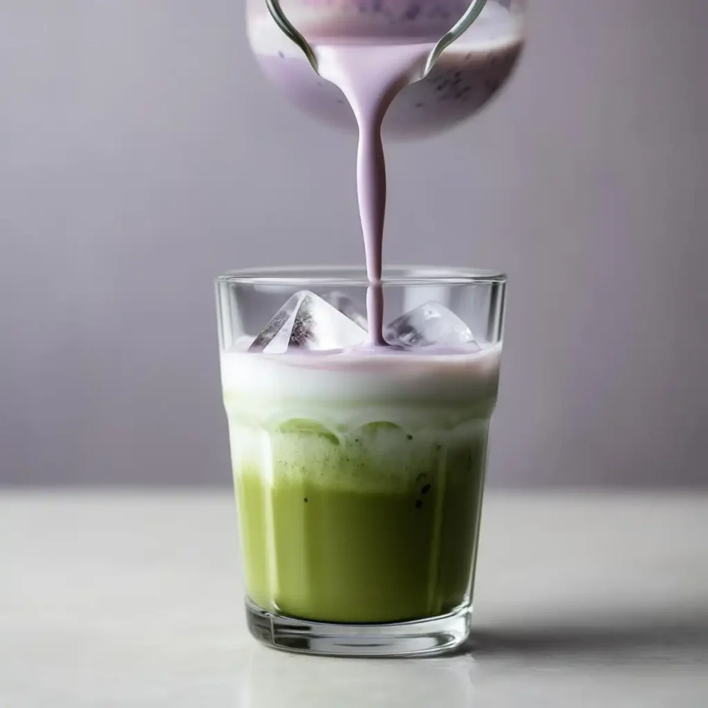 Lavender matcha latte recipe in ceramic mug with lavender and whisk