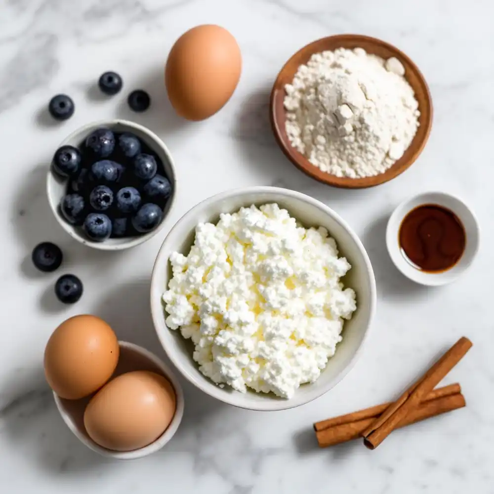 Ingredients for blueberry cottage cheese breakfast bake