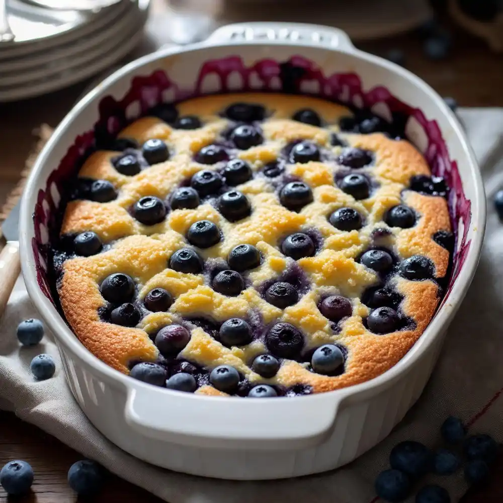 Blueberry cottage cheese breakfast bake in ceramic dish
