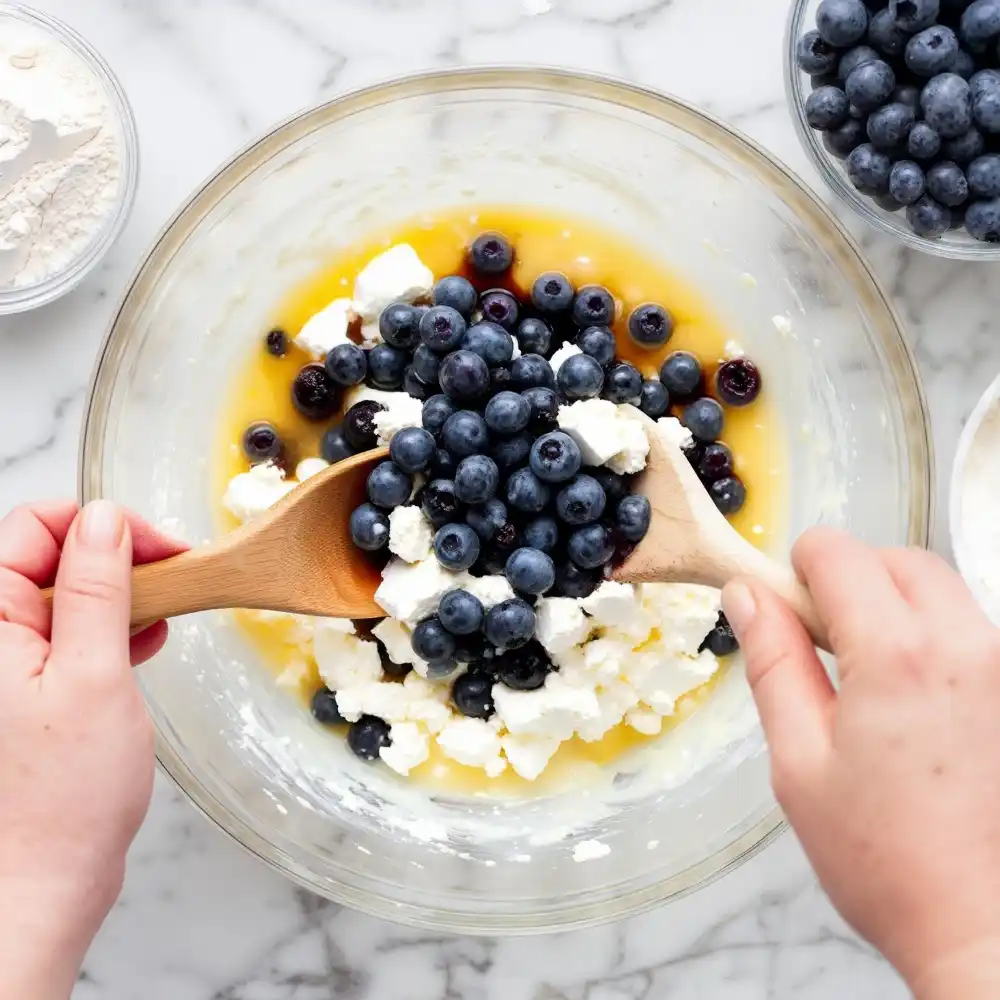 Mixing ingredients for blueberry cottage cheese breakfast bake