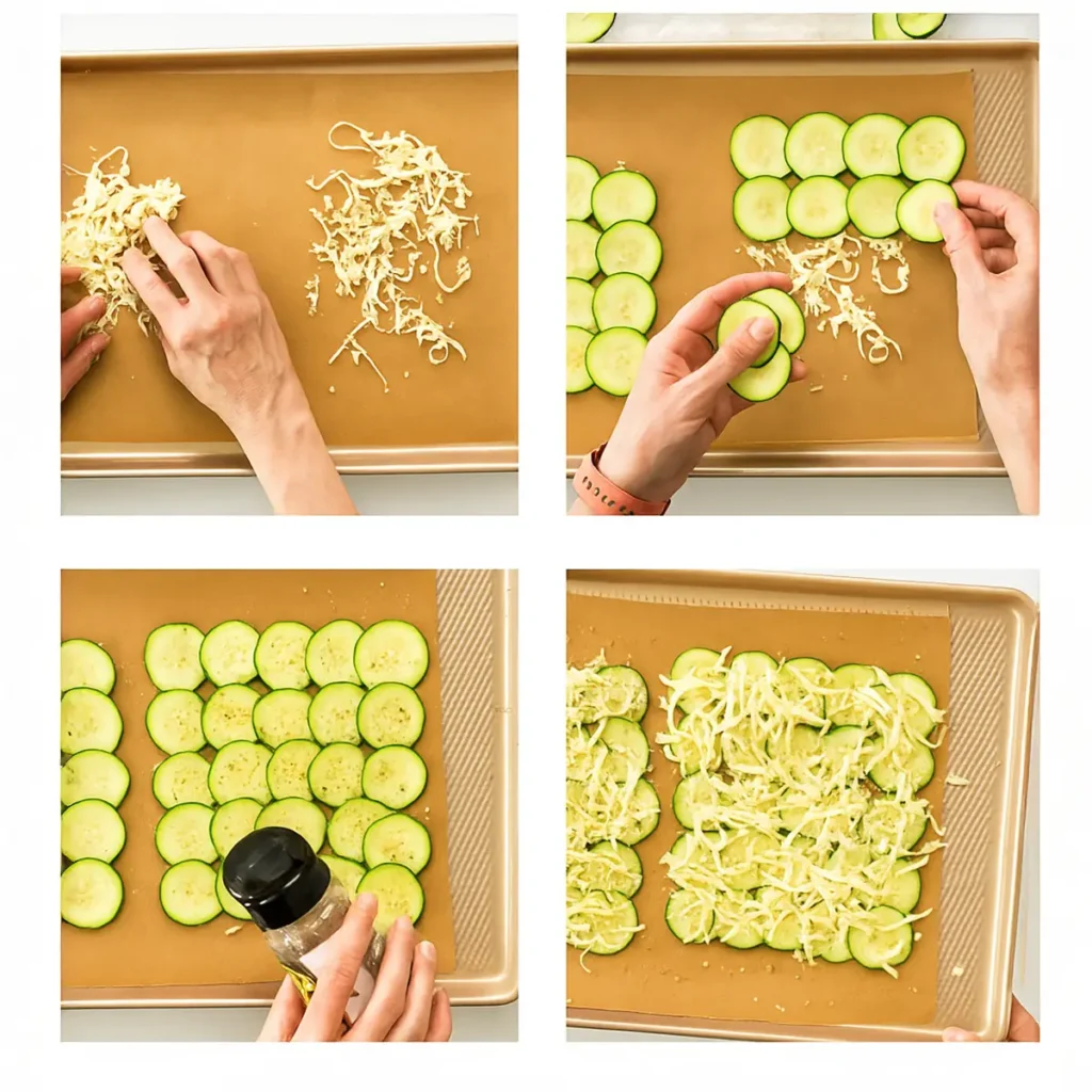 Cheesy zucchini flatbread wraps on parchment paper steps to prepare