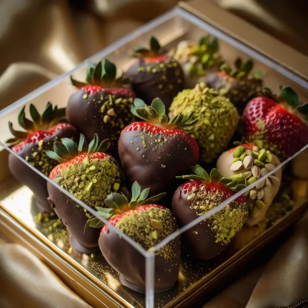 Dubai chocolate strawberries in elegant acrylic box