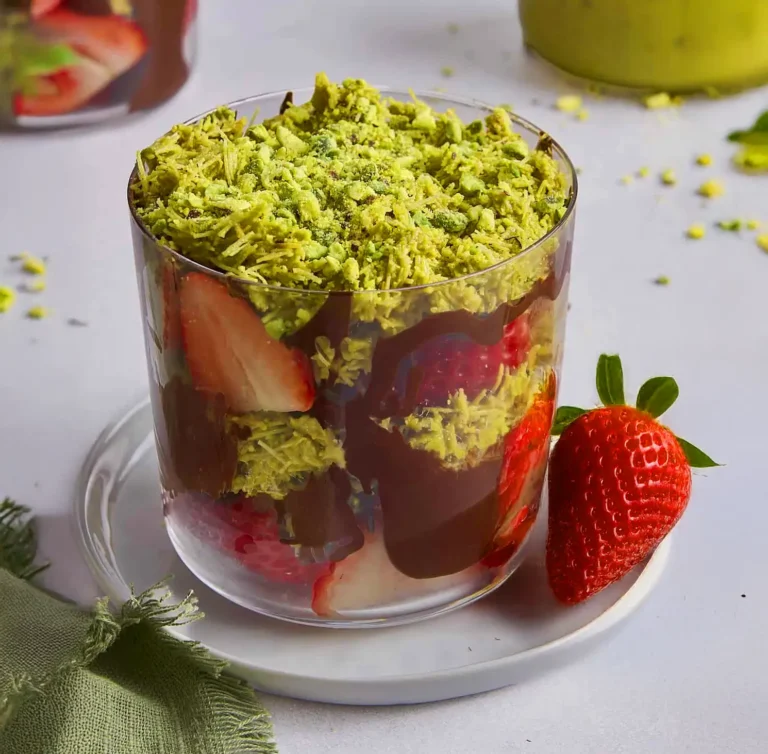 Dubai chocolate strawberries layered with chocolate and pistachio in a glass cup
