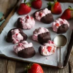 Strawberry yogurt clusters dipped in dark chocolate on a parchment-lined tray.