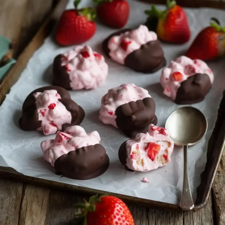 Strawberry yogurt clusters dipped in dark chocolate on a parchment-lined tray.