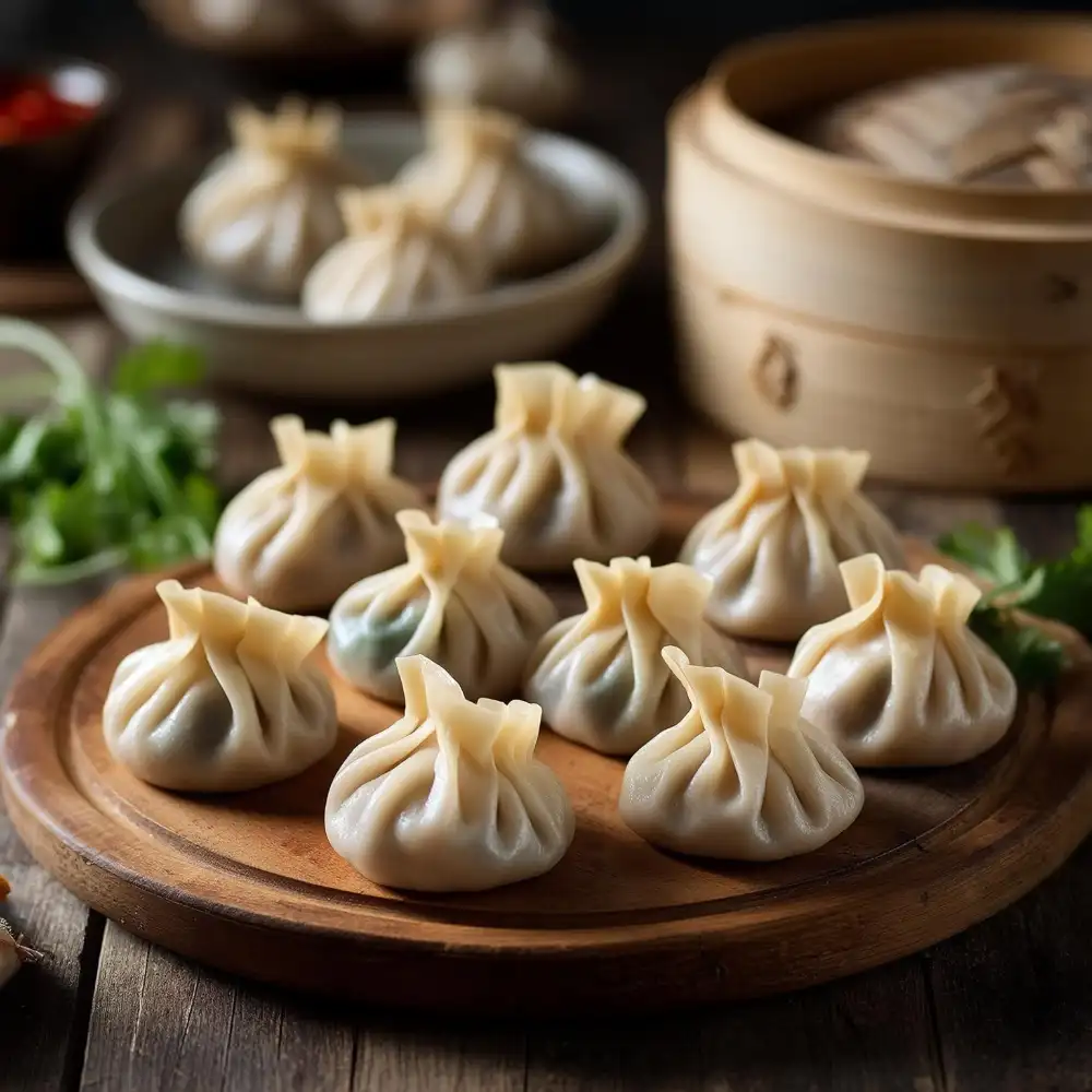 Low-carb dumplings on rustic table