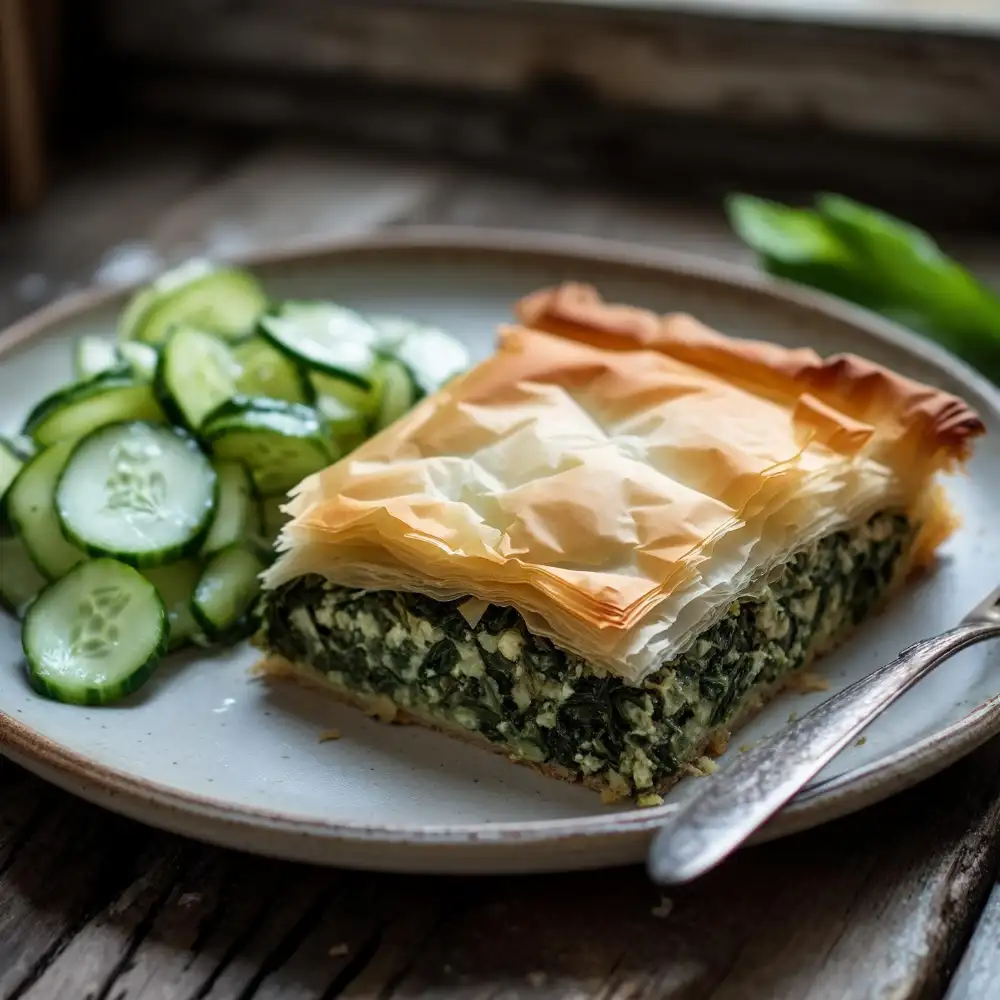 Served slice of Low-Carb Spanakopita with salad