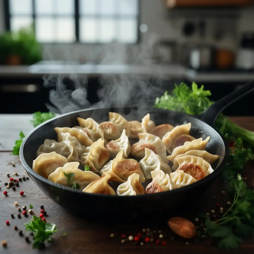 Pan-fried low-carb dumplings in skillet