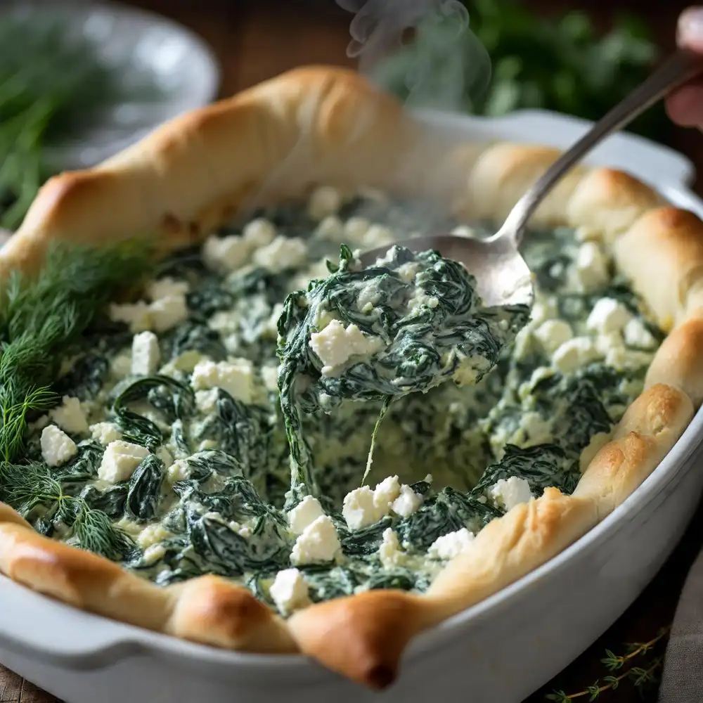 Spreading spinach-feta filling for Low-Carb Spanakopita