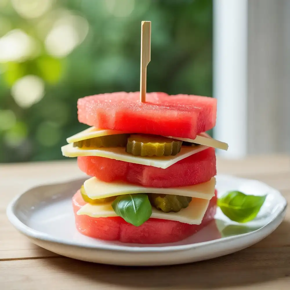 Watermelon sandwich recipe with cheese, pickles, and basil
