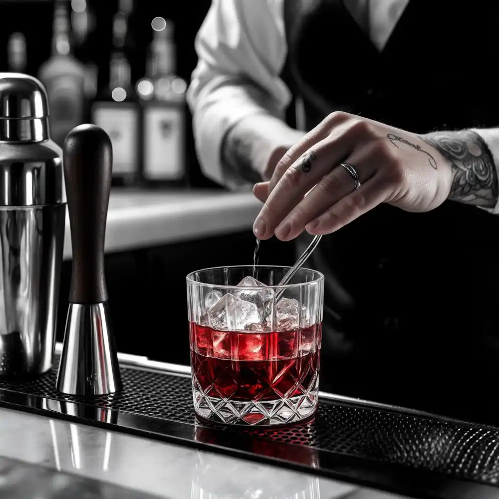 Stirring gin martini over ice