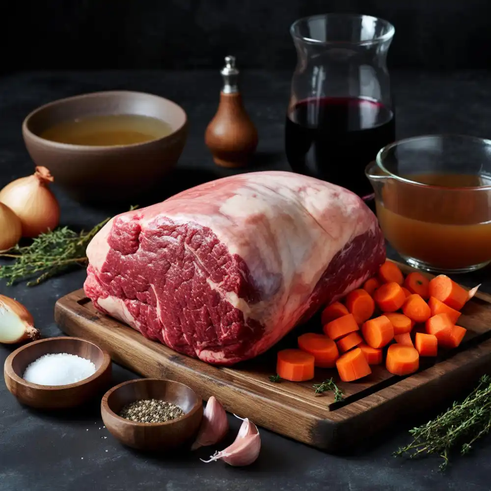 Chuck roast ingredients displayed flat lay