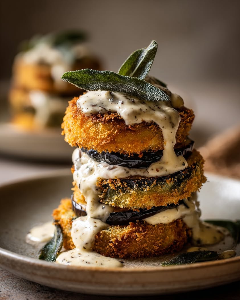 crispy eggplant burrata towers