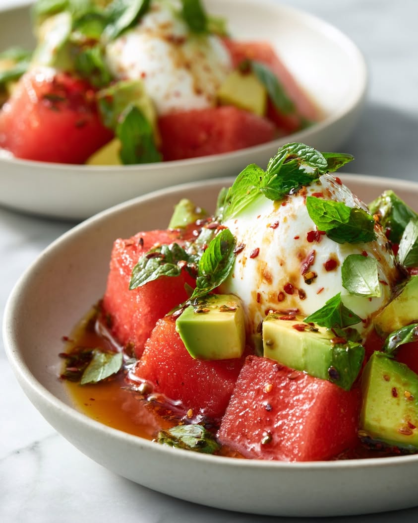 burrata bowls watermelon avocado