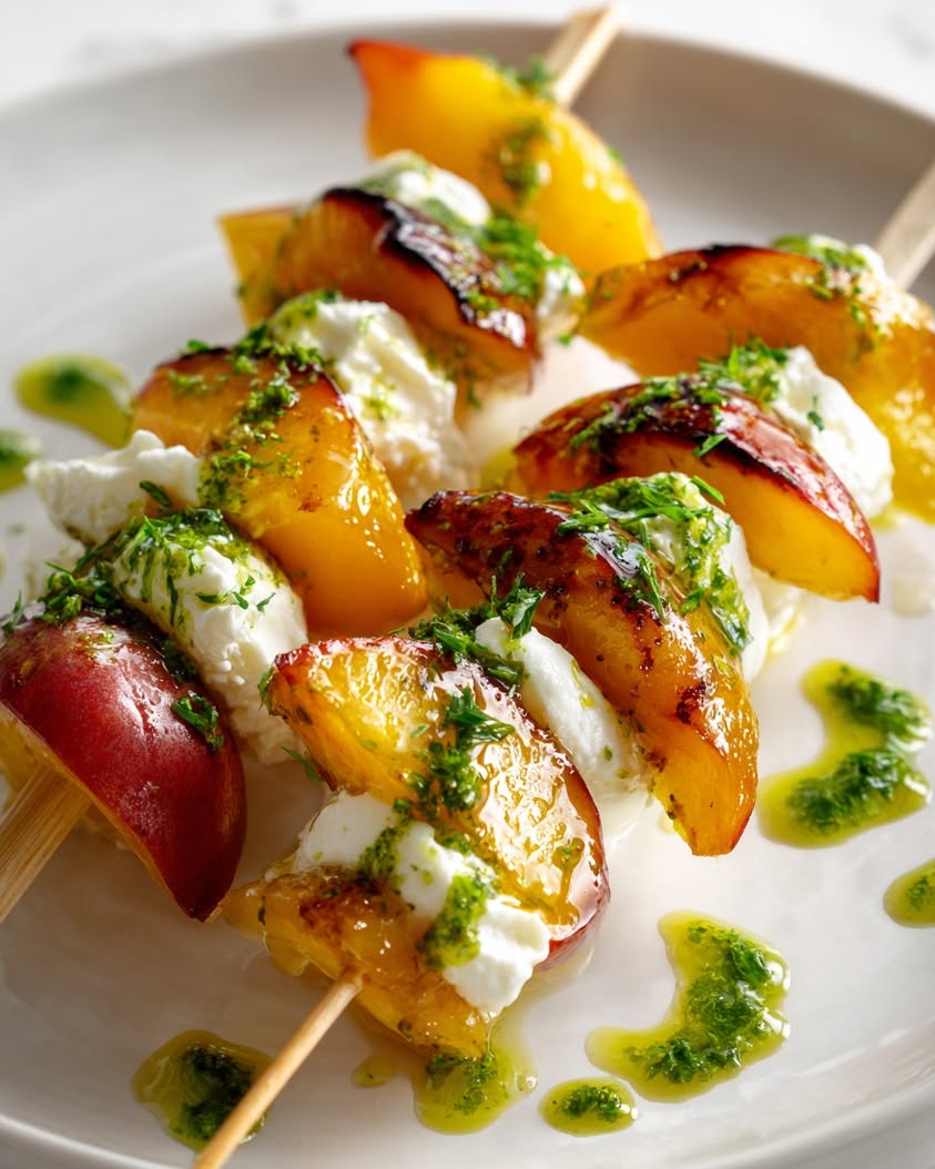 burrata caramelized peach skewers