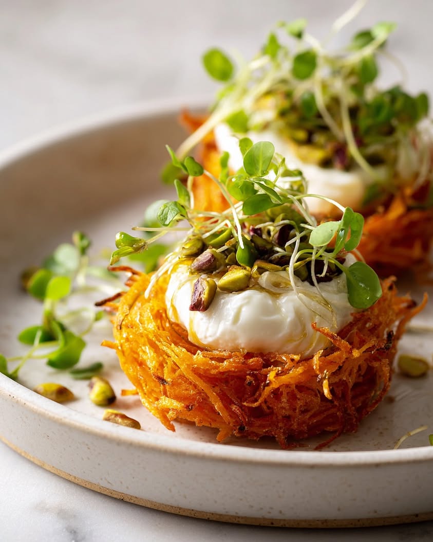 burrata crispy sweet potato nests