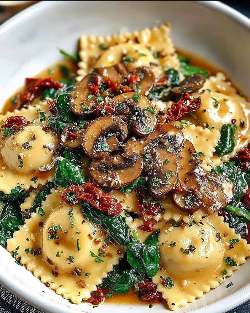 cheesy ravioli spinach mushrooms