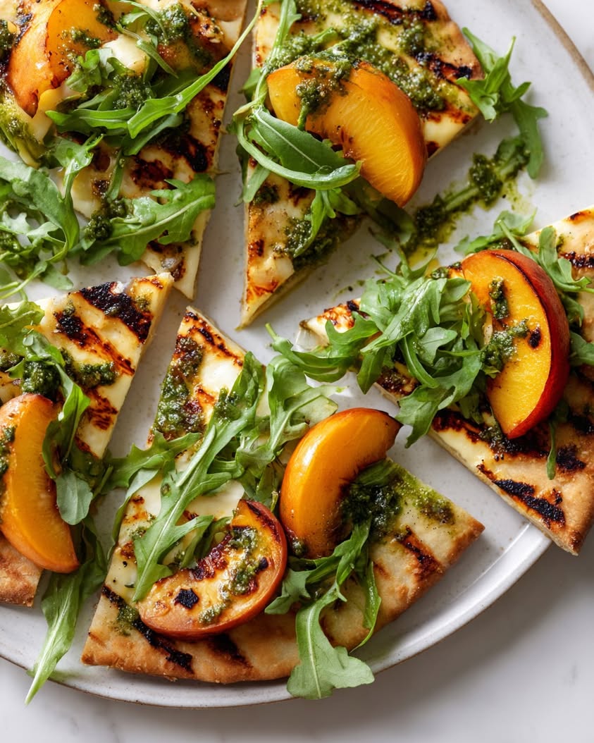 grilled peach halloumi flatbread