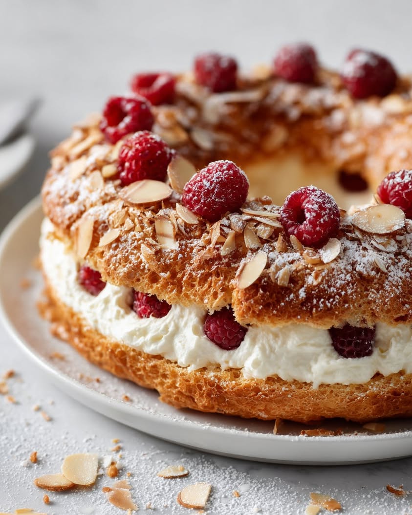 raspberry almond paris brest pastry