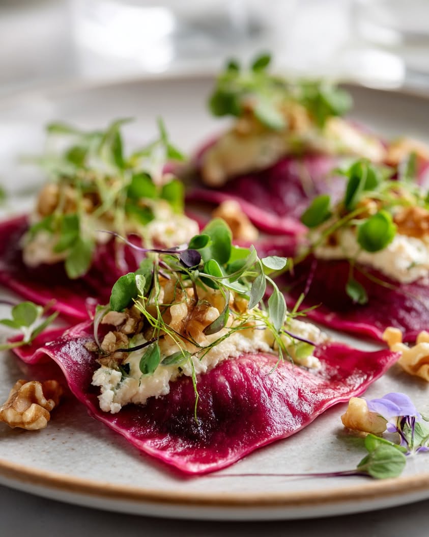 raw chioggia beet ravioli whipped cheese