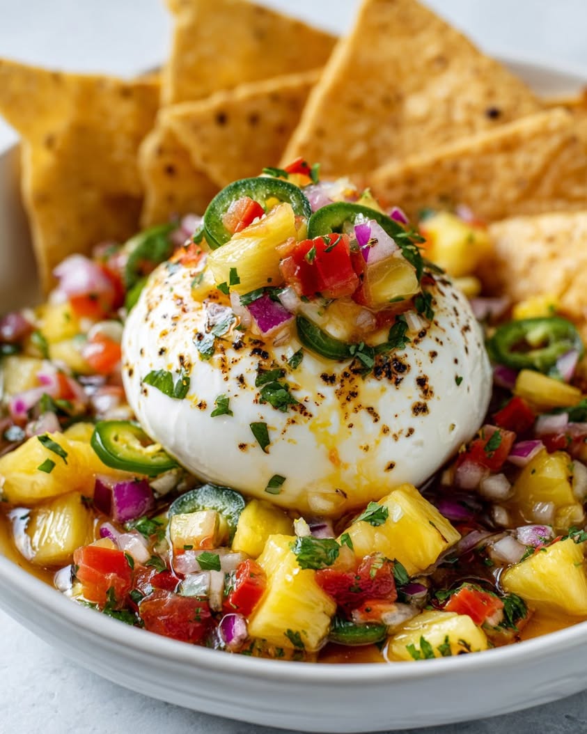 spicy pineapple salsa burrata chips