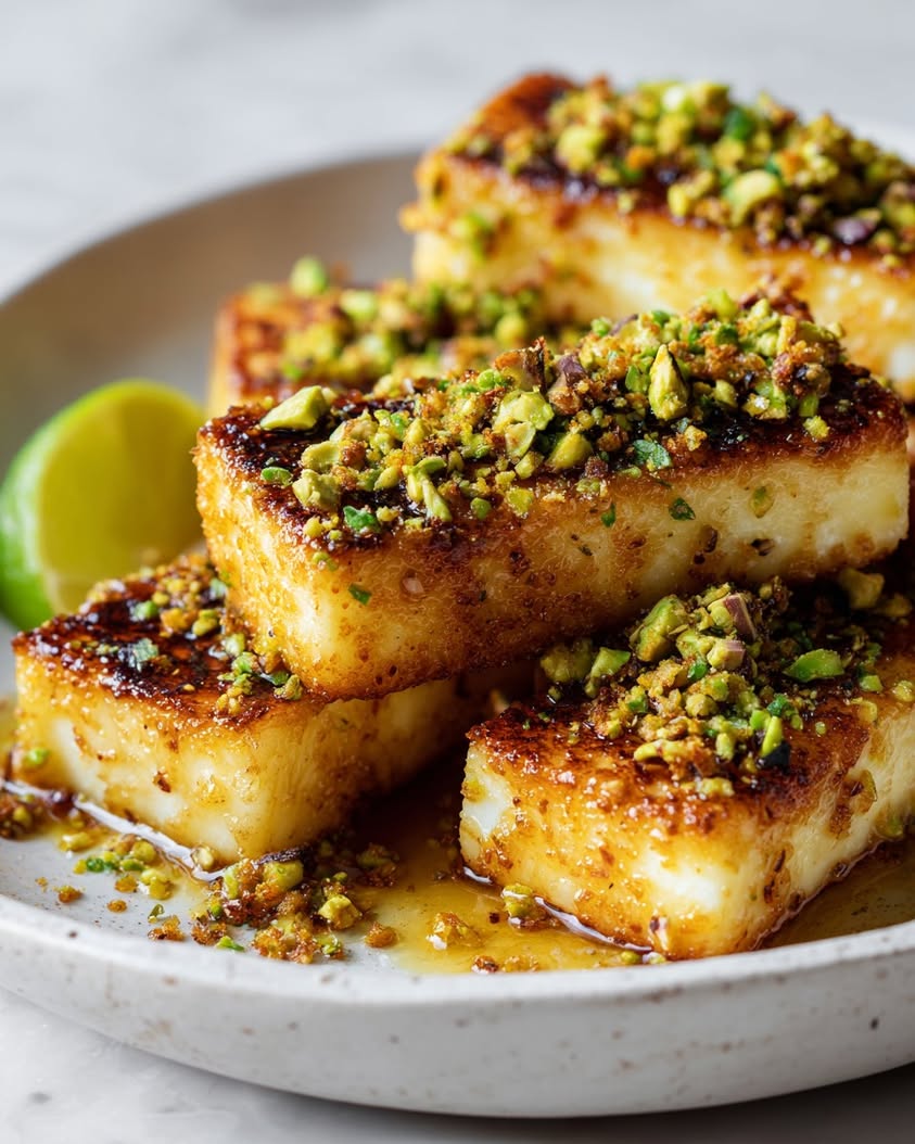 swicy pan seared halloumi pistachio chili
