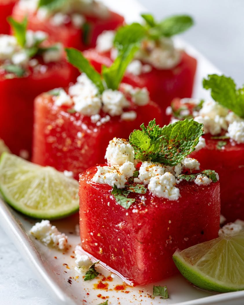 watermelon feta cups chili lime mint