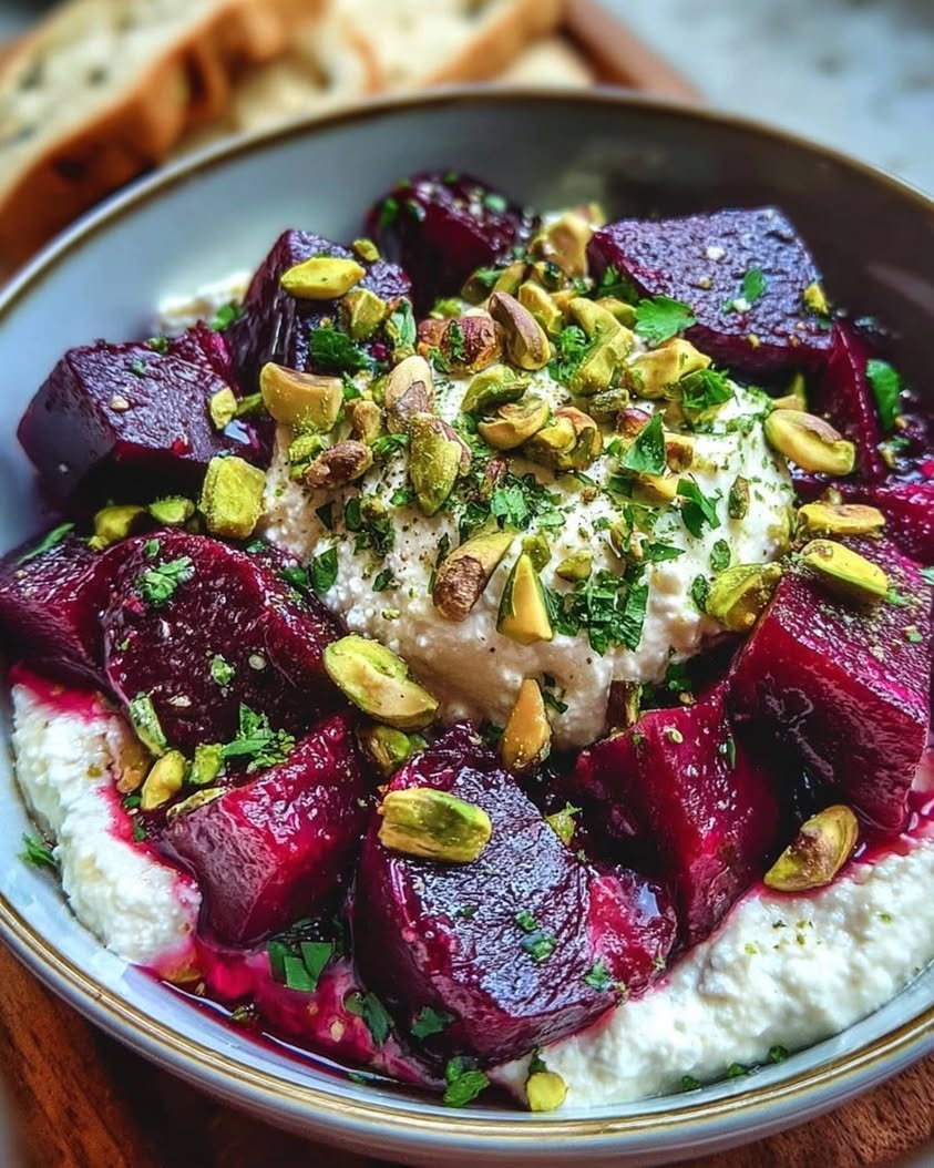 whipped feta roasted beets pistachios
