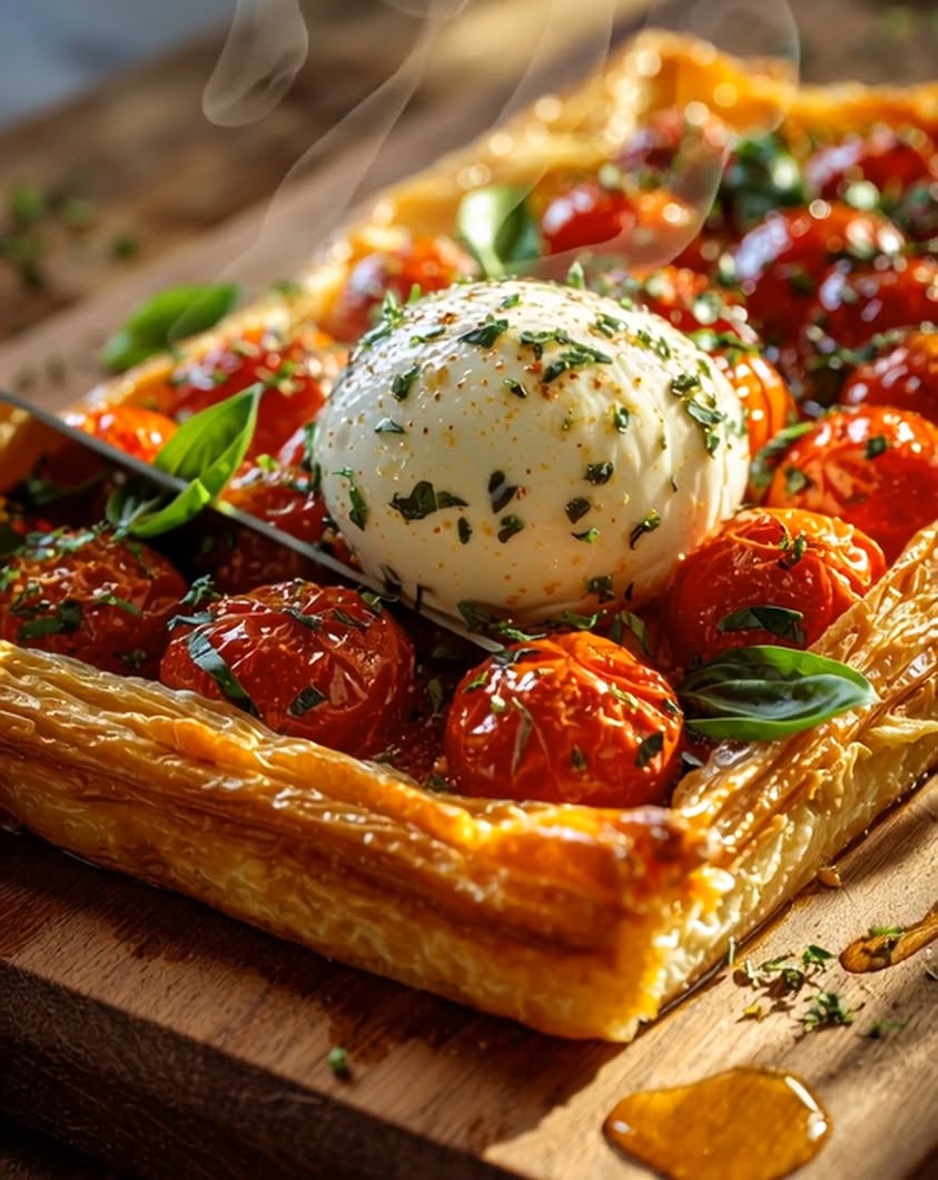 burrata roasted tomato puff pastry tart