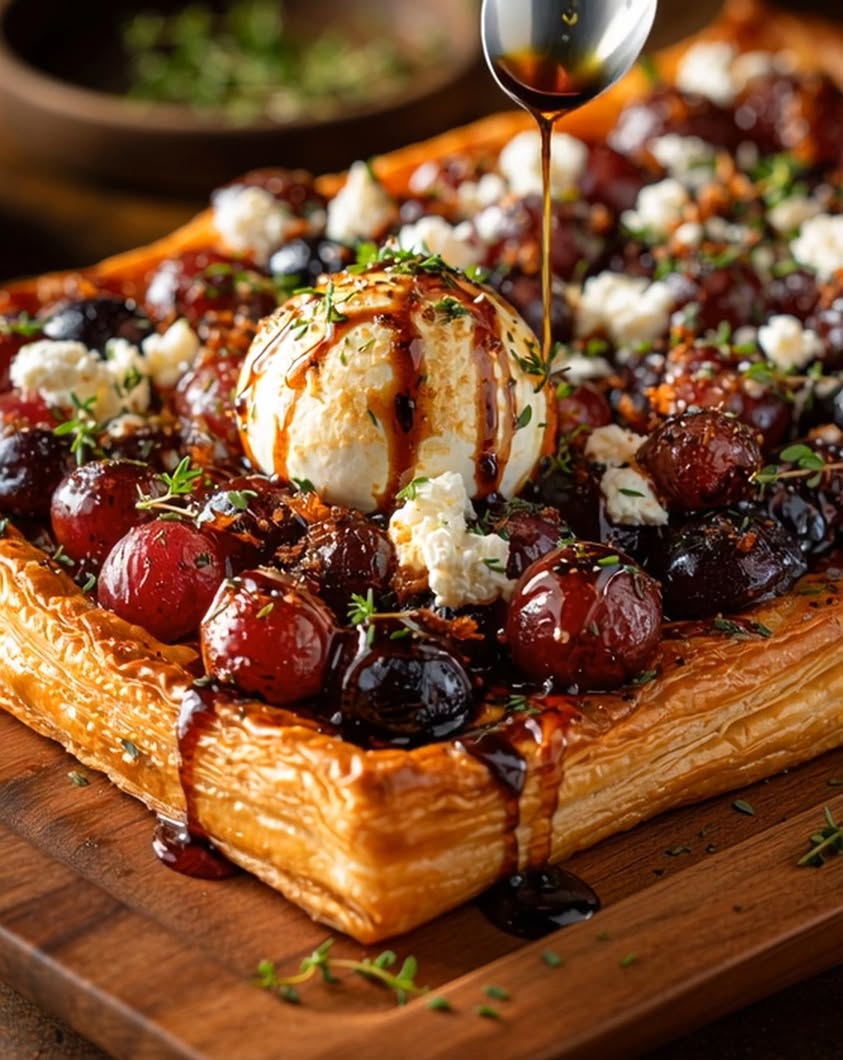 crispy puff pastry roasted grapes burrata