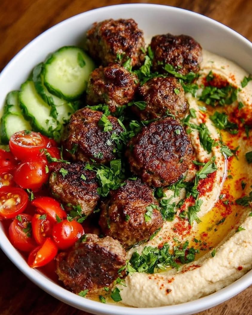 mediterranean hummus bowl meatballs