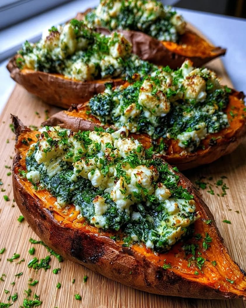 spinach ricotta stuffed sweet potatoes