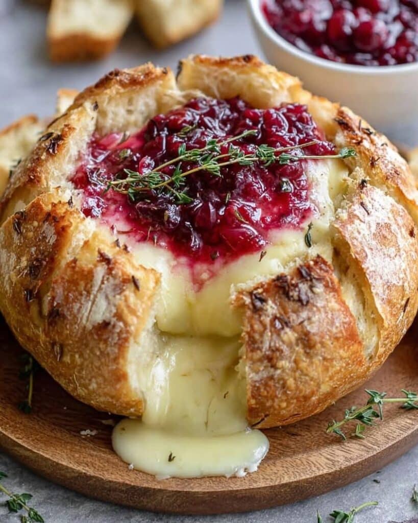 Easy Baked Brie in a Bread Bowl with Cranberry and Thyme 2 baked brie bread bowl cranberry
