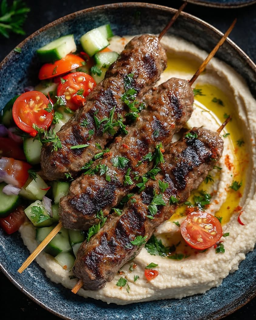 beef kefta hummus tomato salad