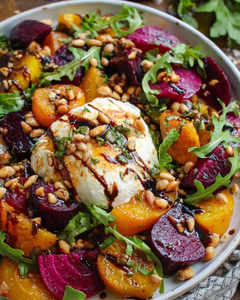 Beet and Burrata Salad with Pine Nut Balsamic Dressing 2 beet burrata salad pine nuts