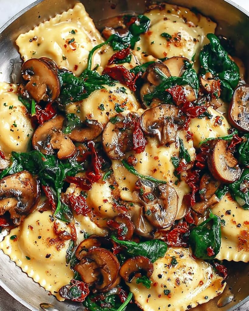 cheesy ravioli spinach mushrooms tomatoes