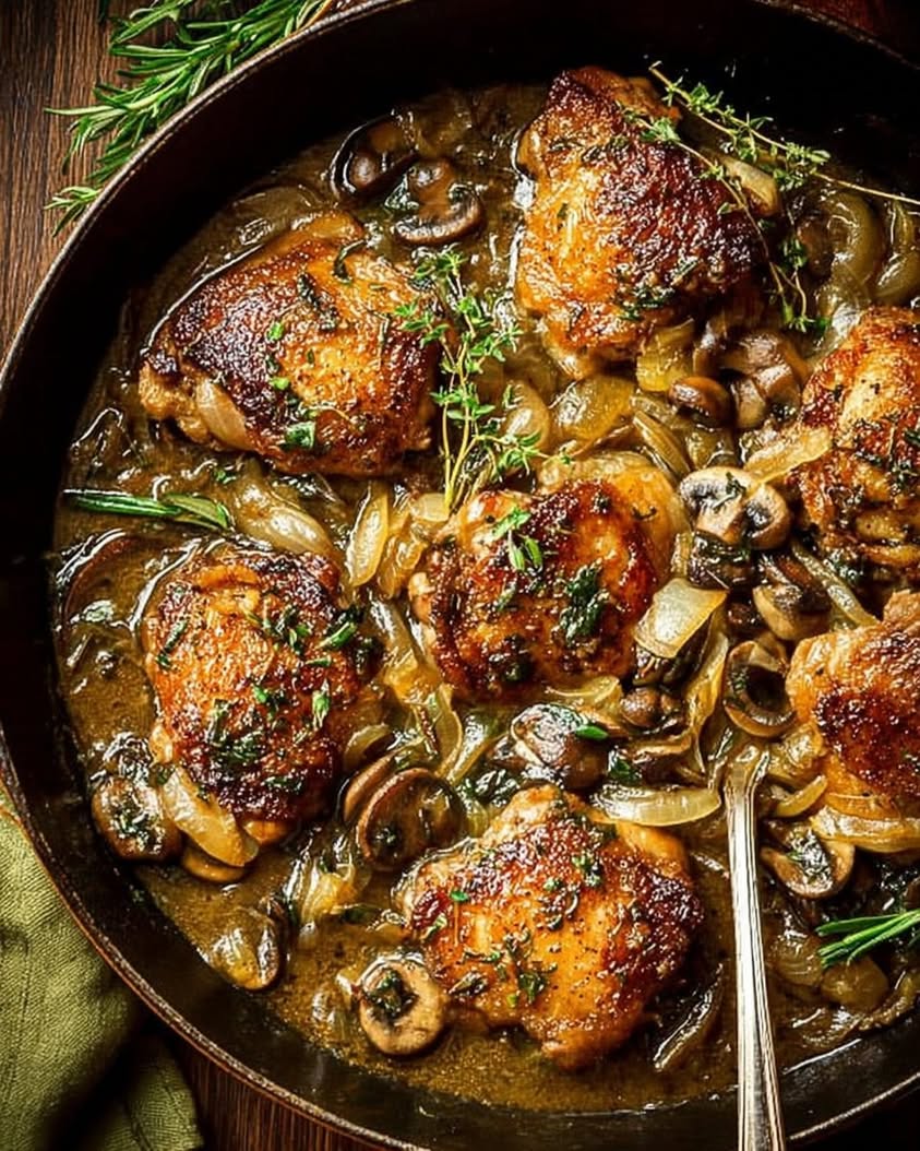 cider braised chicken caramelized onions