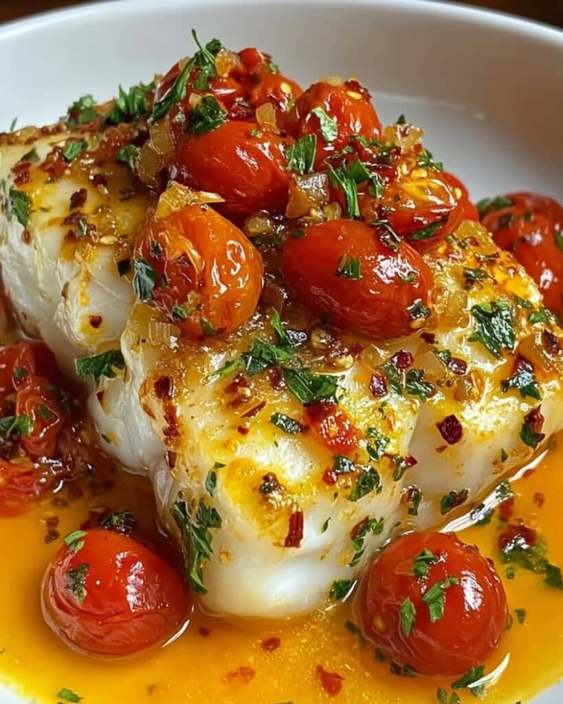 Pan-Seared Cod in a Luscious Lemon Butter Tomato Sauce 2 cod lemon butter tomato sauce