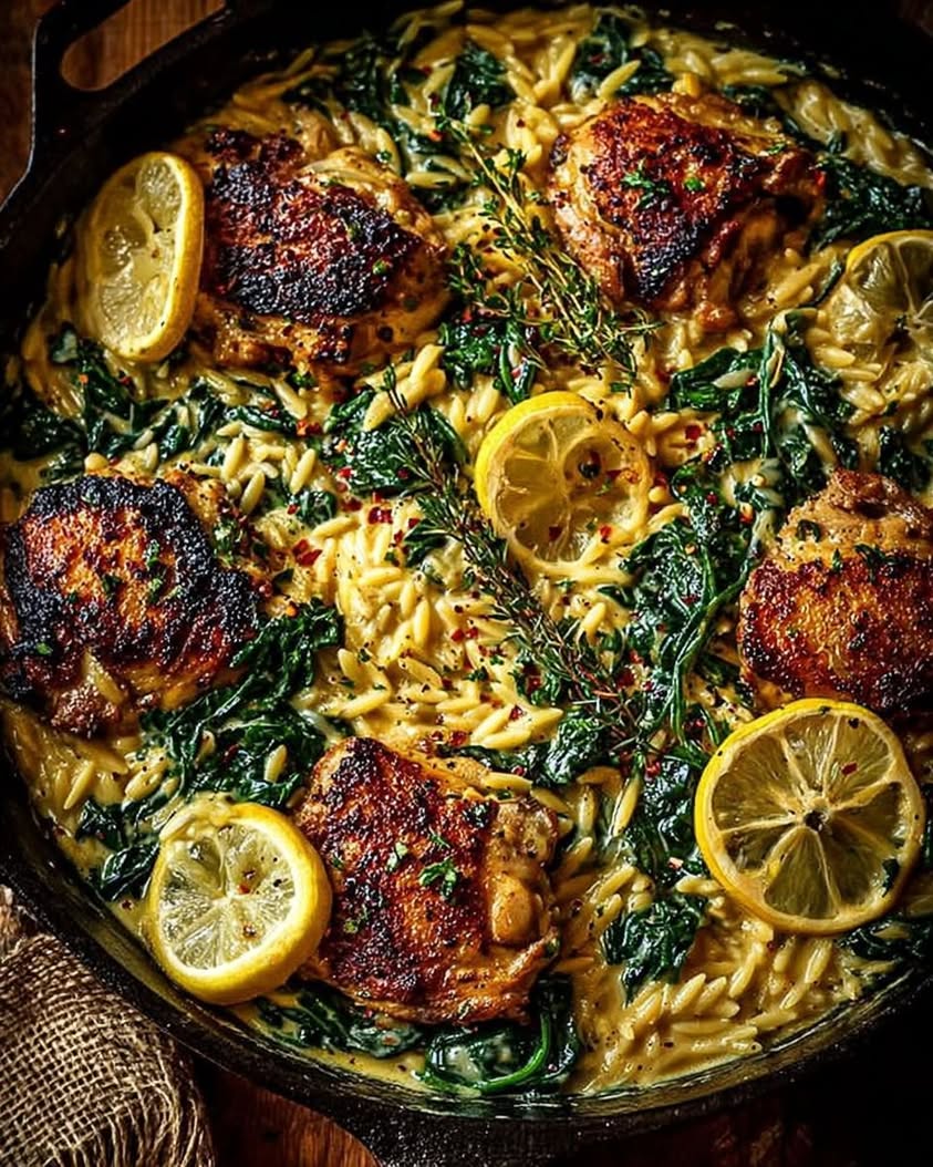 creamy lemon chicken orzo skillet