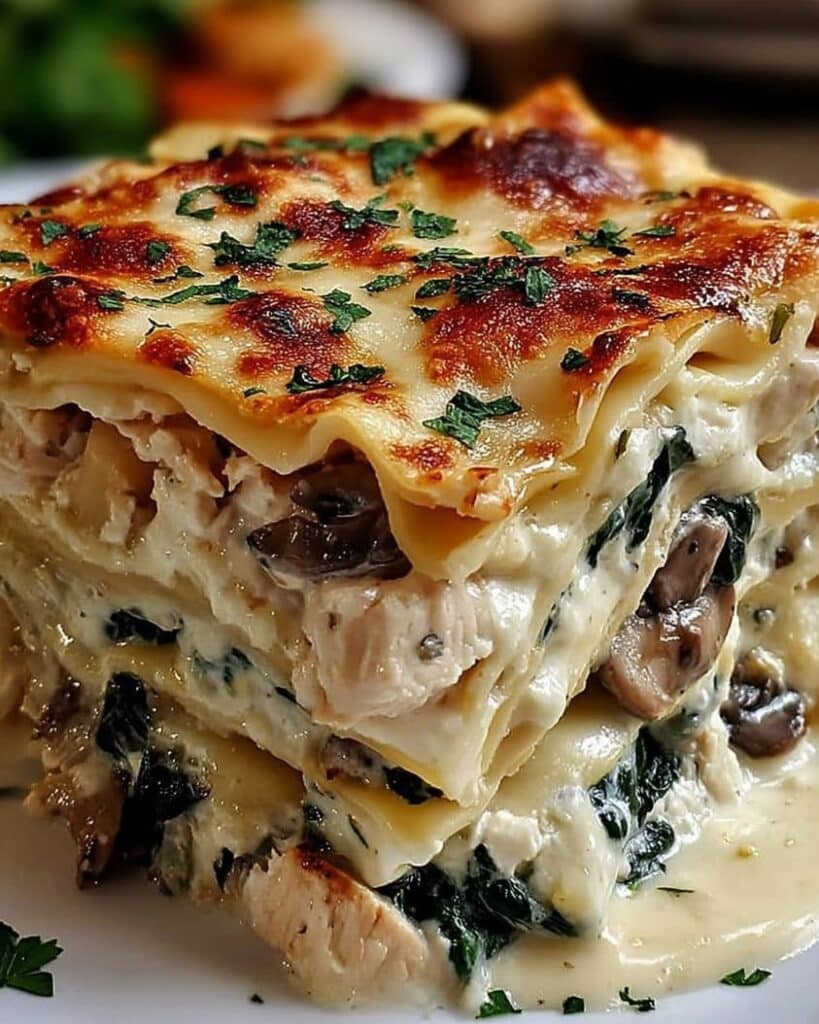 creamy white chicken mushroom lasagna