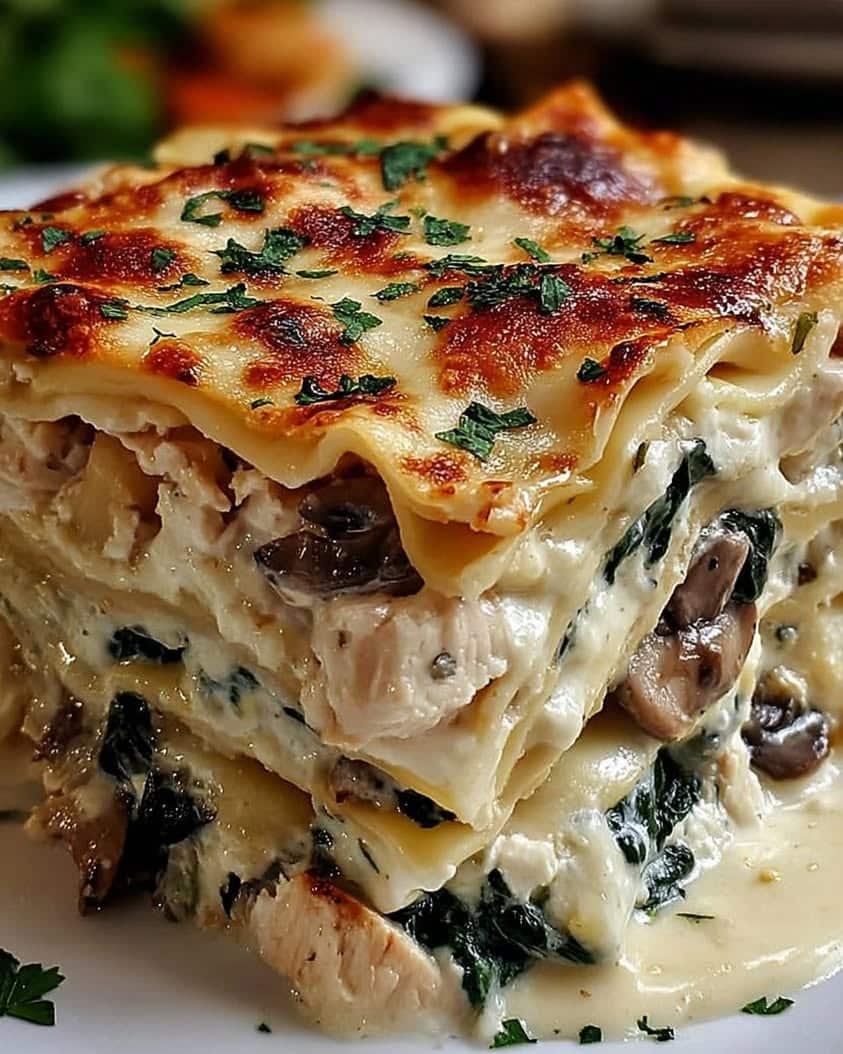 creamy white chicken mushroom lasagna