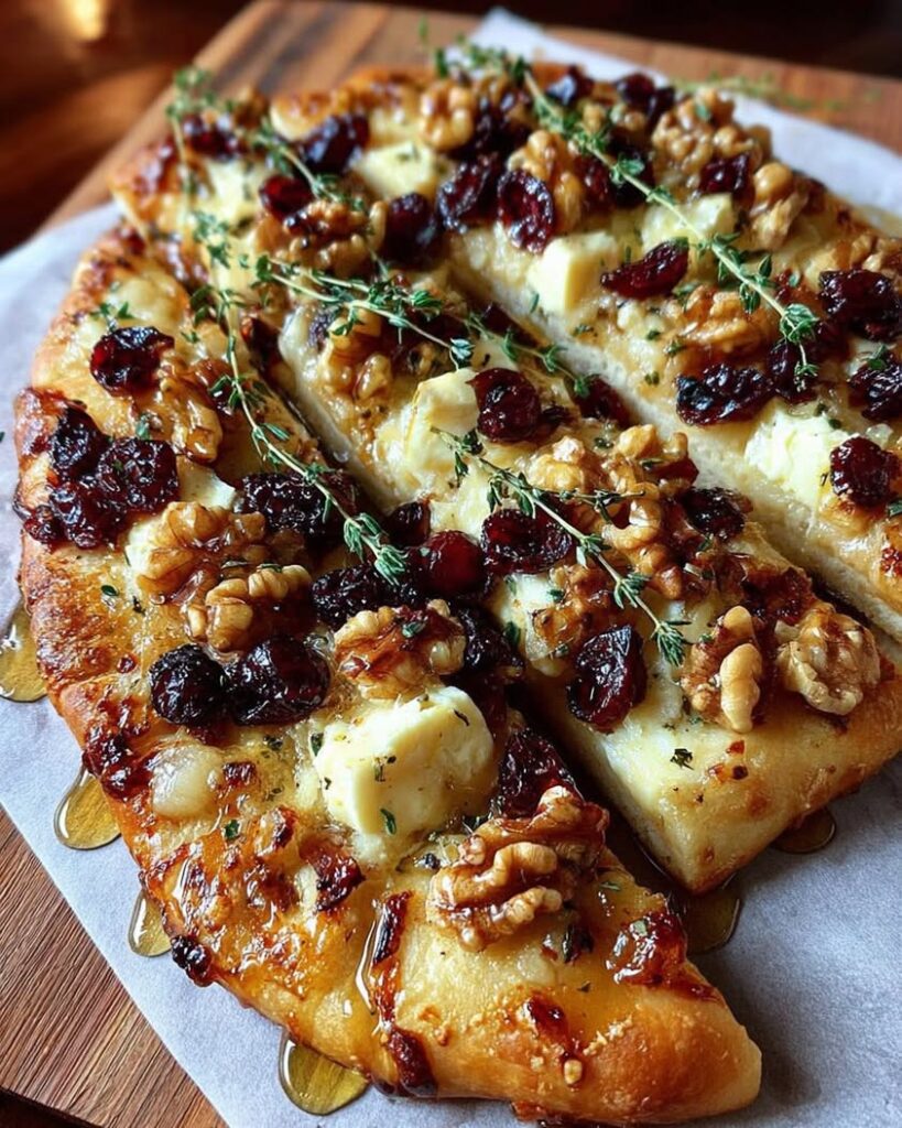 Crispy Flatbread with Brie, Cranberries, and Hot Honey Drizzle 2 crispy brie cranberry flatbread honey