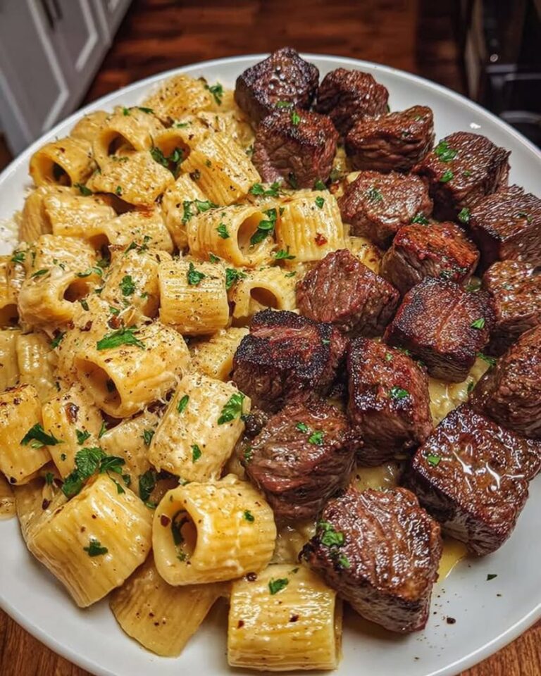 garlic butter steak bites alfredo rigatoni 1