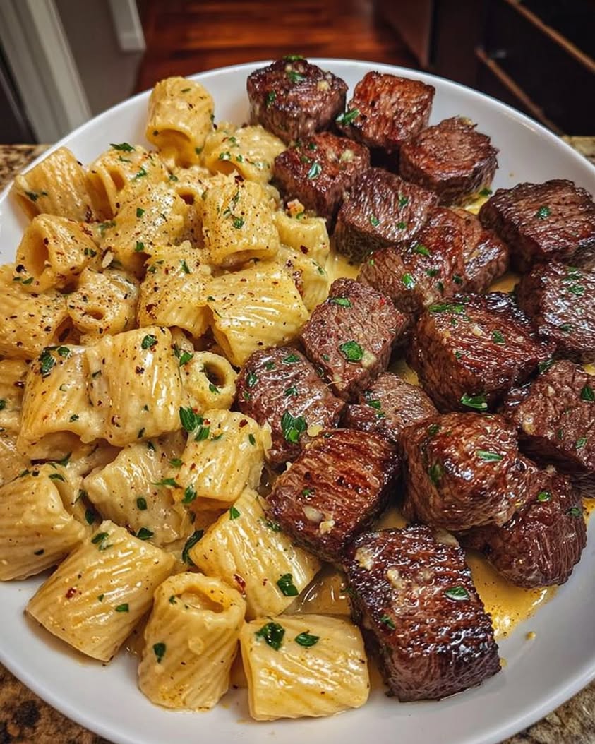 garlic butter steak bites alfredo rigatoni 2