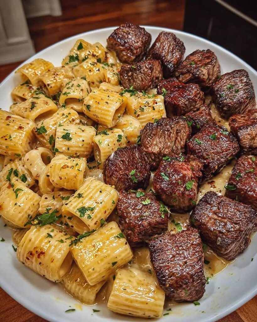 Garlic Butter Steak Bites with Creamy Alfredo Rigatoni Recipe 2 garlic butter steak bites alfredo rigatoni