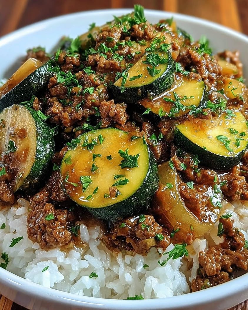greek beef zucchini rice bowl