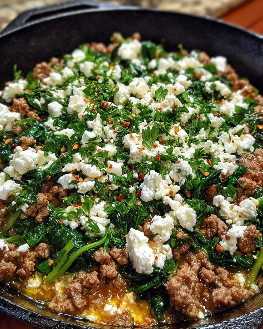 ground beef spinach skillet feta 2